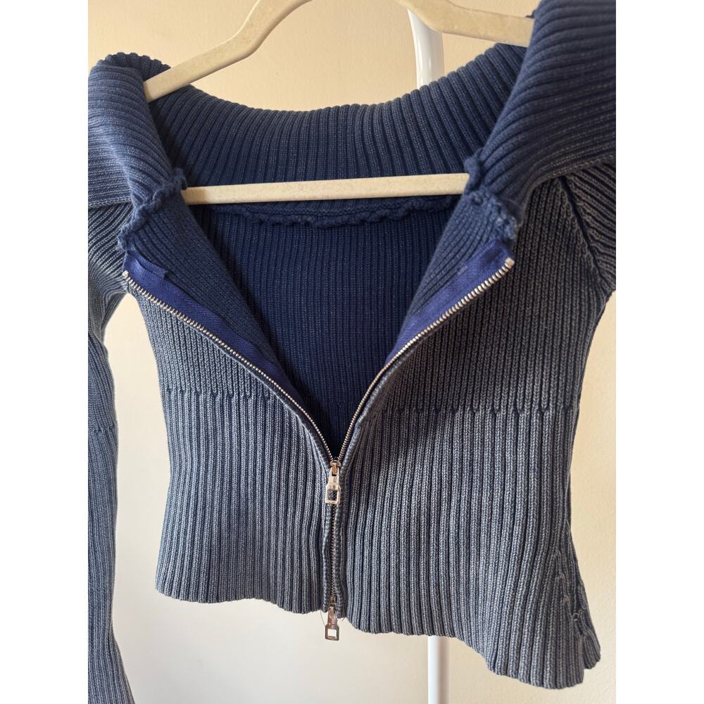 Double Zipper Crop Knit Sweater Wide Collar Off Shoulder- XS Y2K Model Off Duty - Picture 5 of 8